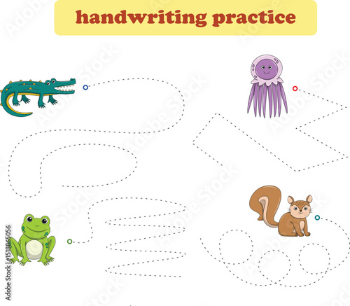 Handwriting Practice. Tracing lines for kids with animals. Vector Illustration