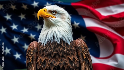Detailed portrait of a majestic bald eagle against a blurred waving representation of the USA flag.