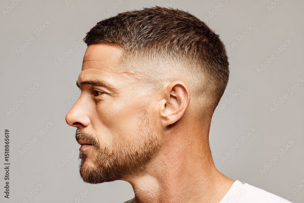 Obraz premium Close-up profile view of a man's face and trimmed hairstyle.