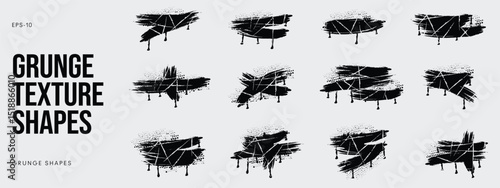 Grunge Graffiti Halftone Texture Elements Set Abstract Geometric Shapes. Ink Spray Frame Borders. Glitch Distortion. Noise Overlay And Distressed Vector Effects
