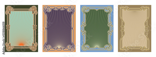 Set of four ornate Art Nouveau vintage frames with sunburst patterns, elegant floral curves, and retro color schemes. Ideal for posters, invitations, or packaging