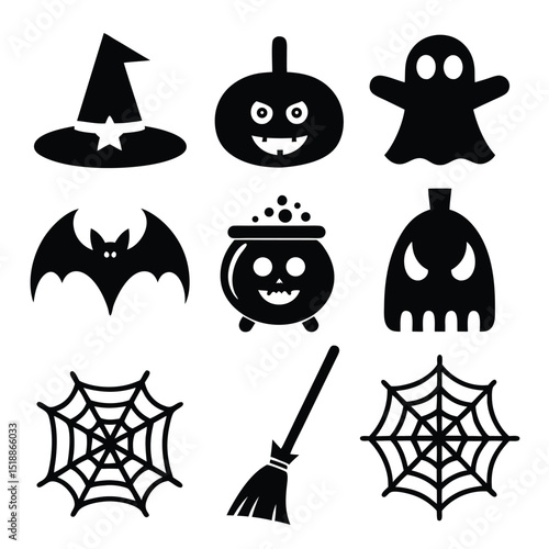 Collection of black halloween icons featuring ghosts pumpkins bats witch hats and cobwebs