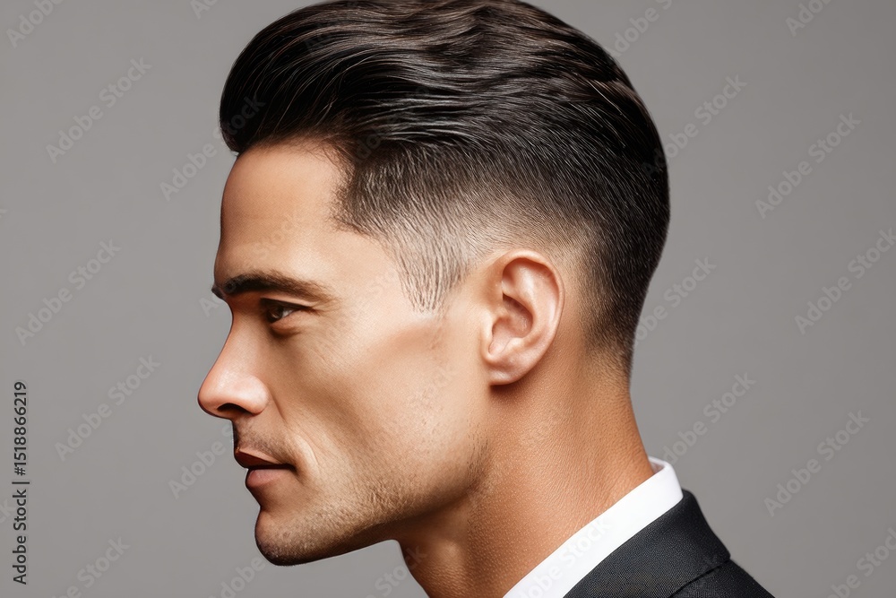Fototapeta premium Close up profile view of a man with a modern hairstyle.
