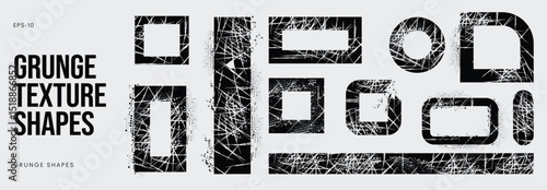 Grunge Graffiti Halftone Texture Elements Set Abstract Geometric Shapes. Ink Spray Frame Borders. Glitch Distortion. Noise Overlay And Distressed Vector Effects