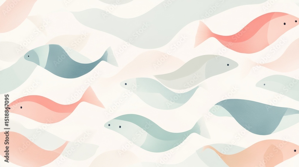 Obraz premium 26.A clean, minimalist collection of fish icons arranged in a pattern, with gentle waves flowing beneath each icon, creating a calming, marine-inspired design in soft pastel tones.