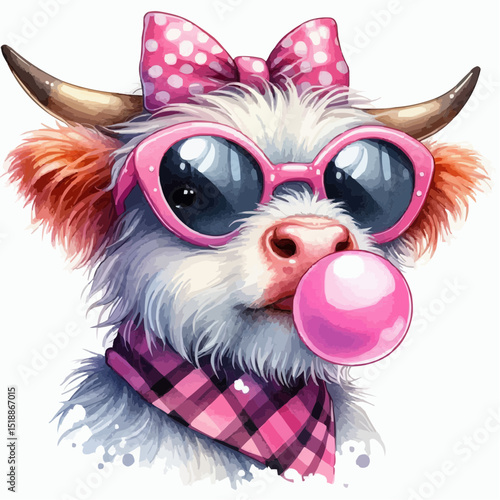 Funny cartoon highland cow blowing a bubble 