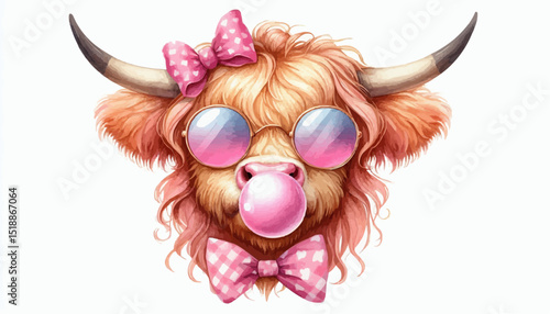 Funny cartoon highland cow blowing a bubble gum 