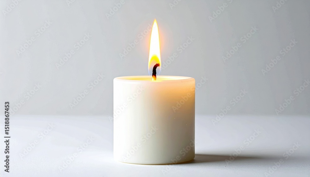 Close-up of a Burning Candle with a Yellow Flame and Melting Wax on a White Background Close-up of a Burning Candle with a Yellow Flame and Melting Wax on a White Background