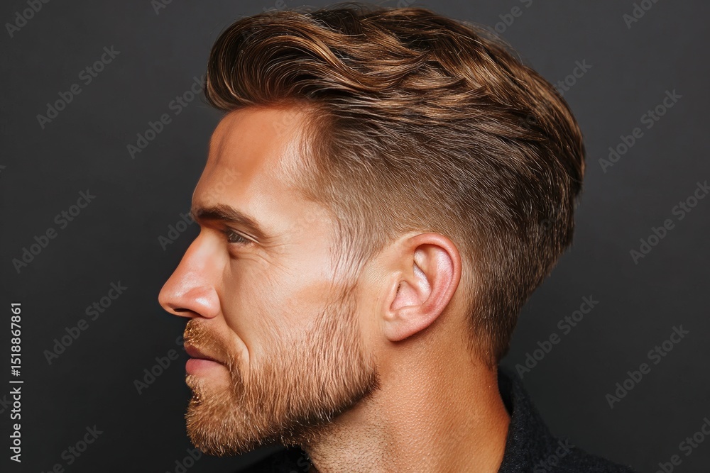 Fototapeta premium Close-up profile view of a man with a stylish haircut.