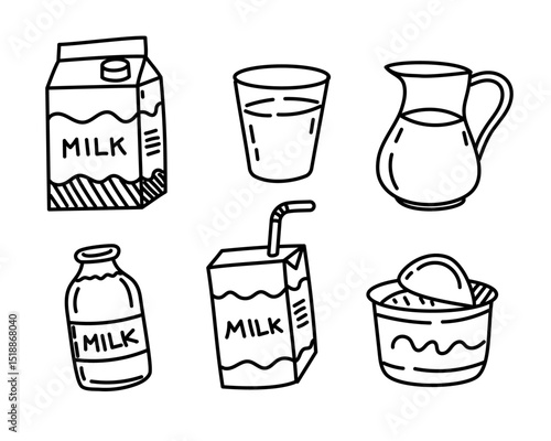 Set of milk vector illustrations with doodle style on a white background