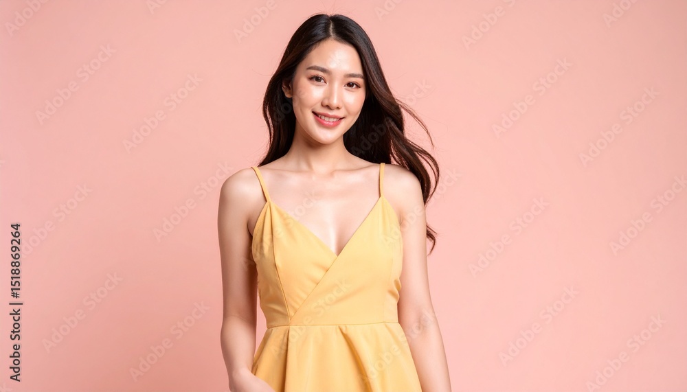 日本女性の清楚な表情と自然なメイク、柔らかい光が差し込むマットピーチの背景に映えるイエローサンドレスのポートレート
日本女性の清楚な表情と自然なメイク、柔らかい光が差し込むマットピーチの背景に映えるイエローサンドレスのポートレート