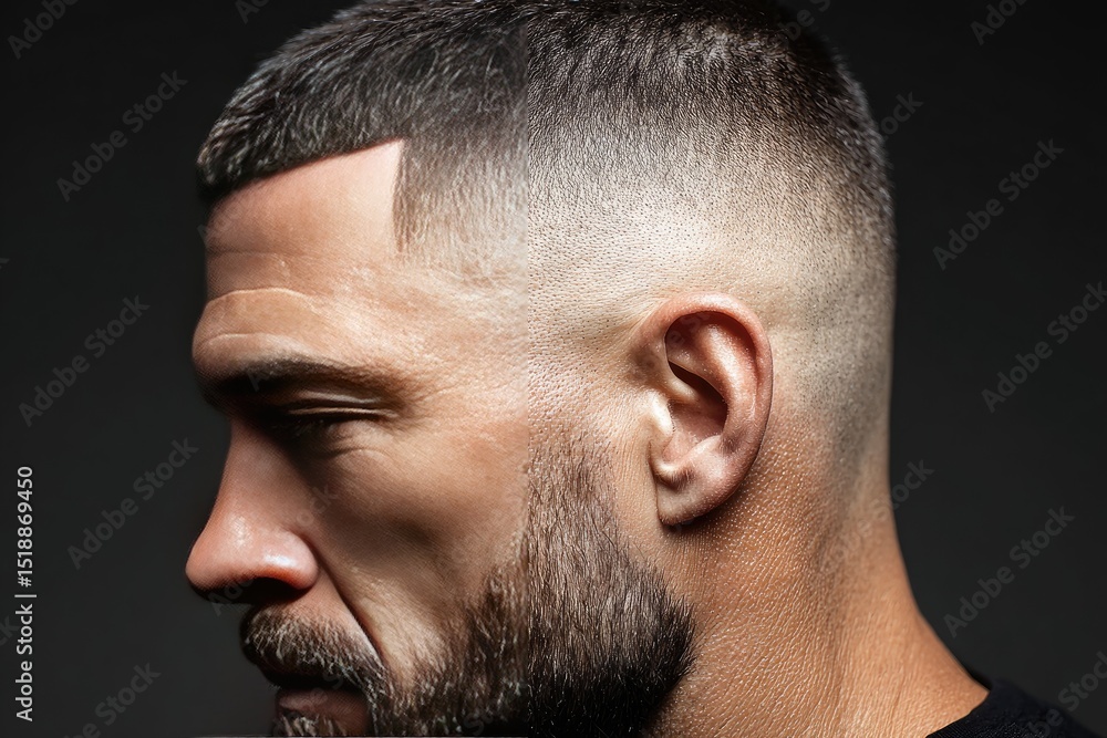 Fototapeta premium Close-up profile view of a man with a short haircut and beard.