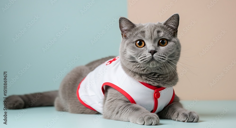 Naklejka premium Gray cat in a white vest