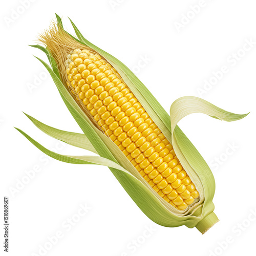 Fresh Corn On The Cob With Husk Pulled Back White Background