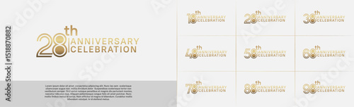 Anniversary logo type set with double line number. golden color for celebration event