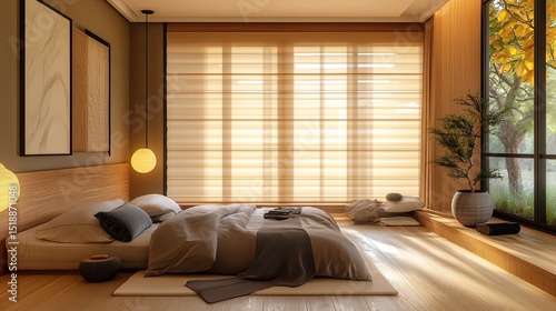 A serene bedroom featuring a large window with a view of trees and natural light streaming in softly