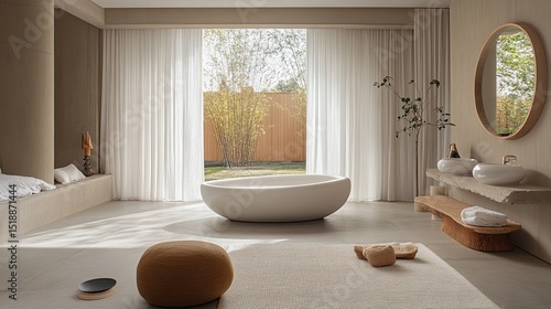 Wallpaper Mural A bright bathroom with a large tub, white curtains, and a view of greenery outside the window Torontodigital.ca