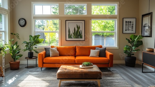 Bright living room featuring an orange sofa  ottoman  plants  and large windows with natural light