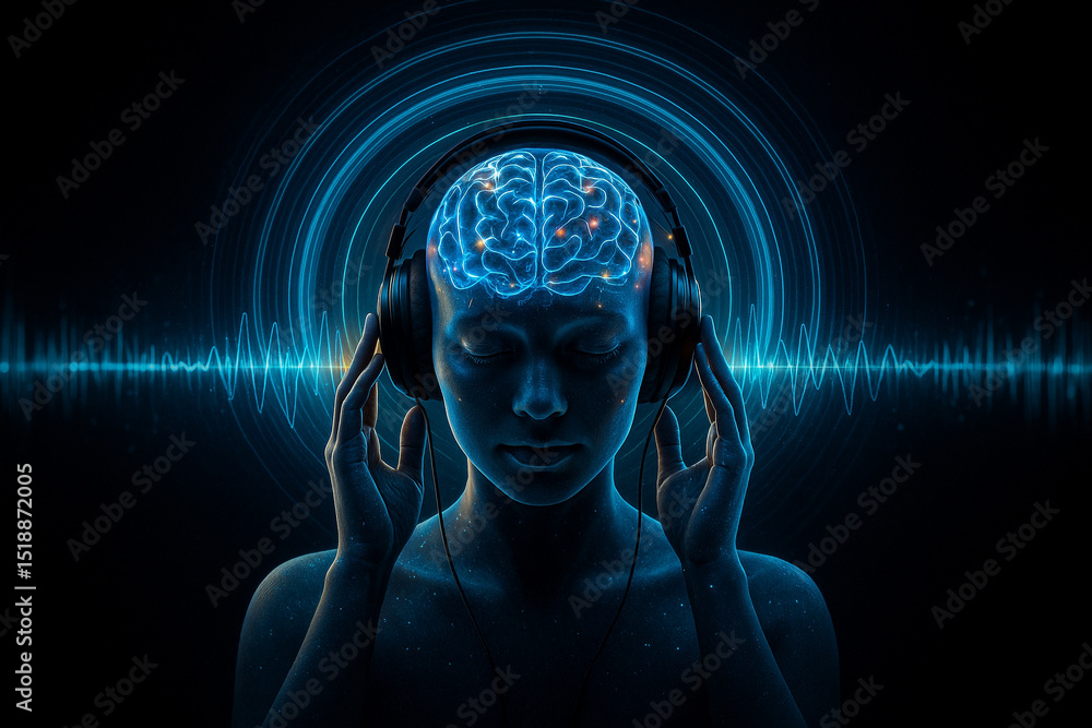 Obraz premium AI generated sci fi concept of an androgynous figure wearing headphones with glowing brain surrounded by energy waves symbolizing mental stimulation sound therapy and neural activation