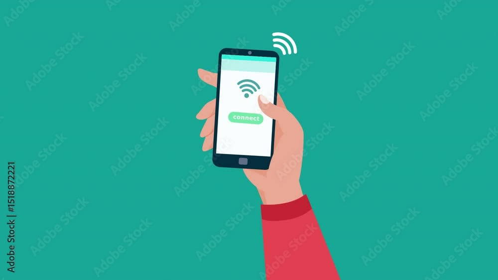 Animated illustration depicts a hand using a smartphone to connect to WiFi, featuring clear visual feedback. Great for concepts of online access, internet use, and technology. 2d animation.
