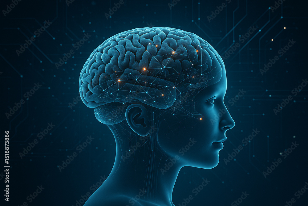 Obraz premium AI generated 3D digital brain merged with a translucent robotic face symbolizing the fusion of human intelligence and artificial systems in a futuristic network environment