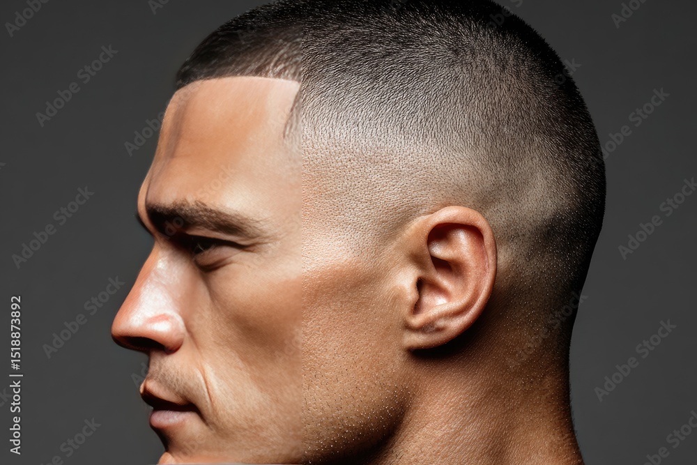 Obraz premium Close-up profile view of a man's face and head.