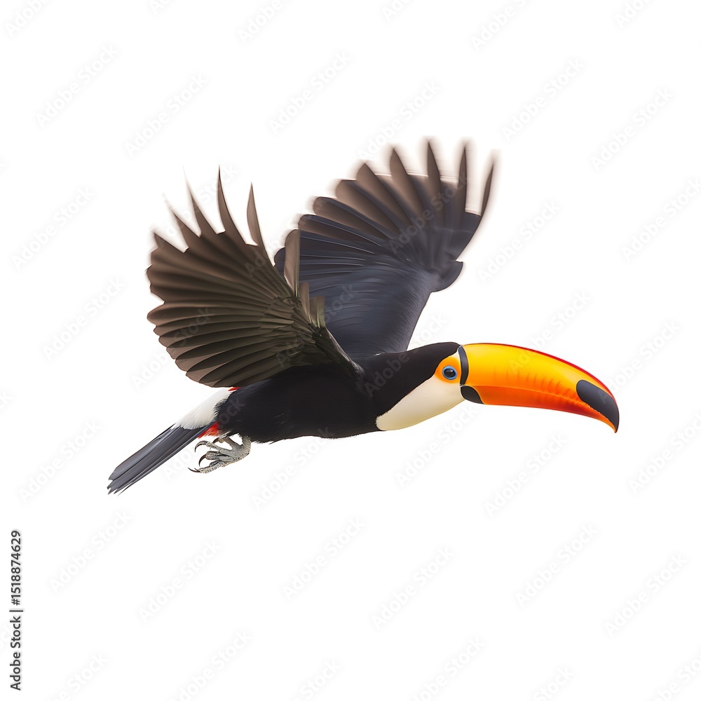 Obraz premium Toucan Wildlife in Flight: Majestic Tropical Bird with Vibrant Feathers and Beak, Captured in Its Natural Rainforest Habitat