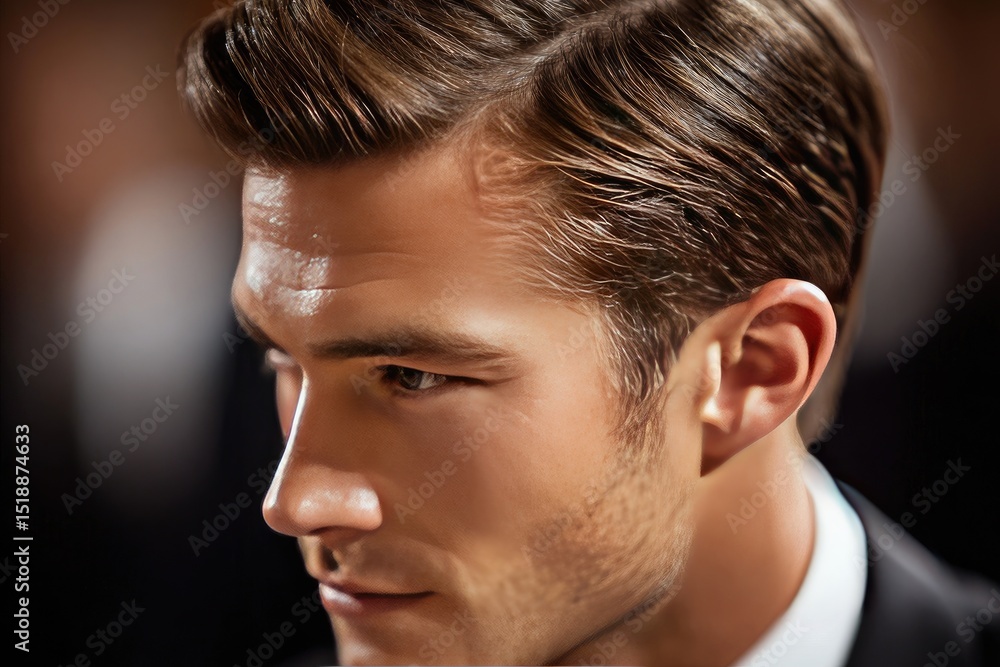 Fototapeta premium Close-up profile view of a man's face and hair.