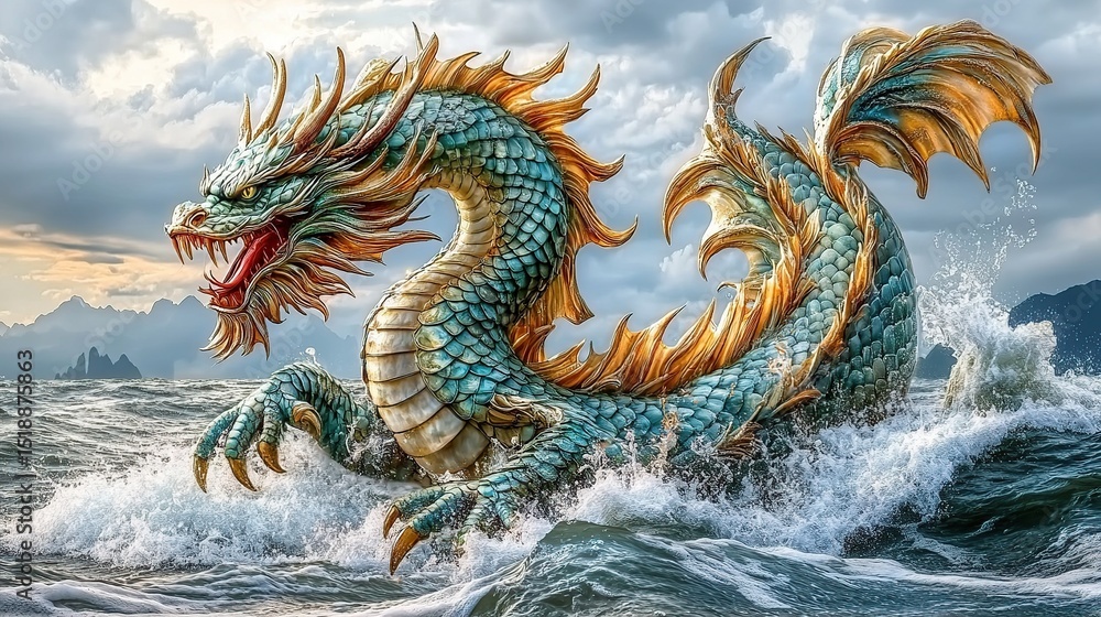 Fototapeta premium Majestic dragon emerging from the sea
