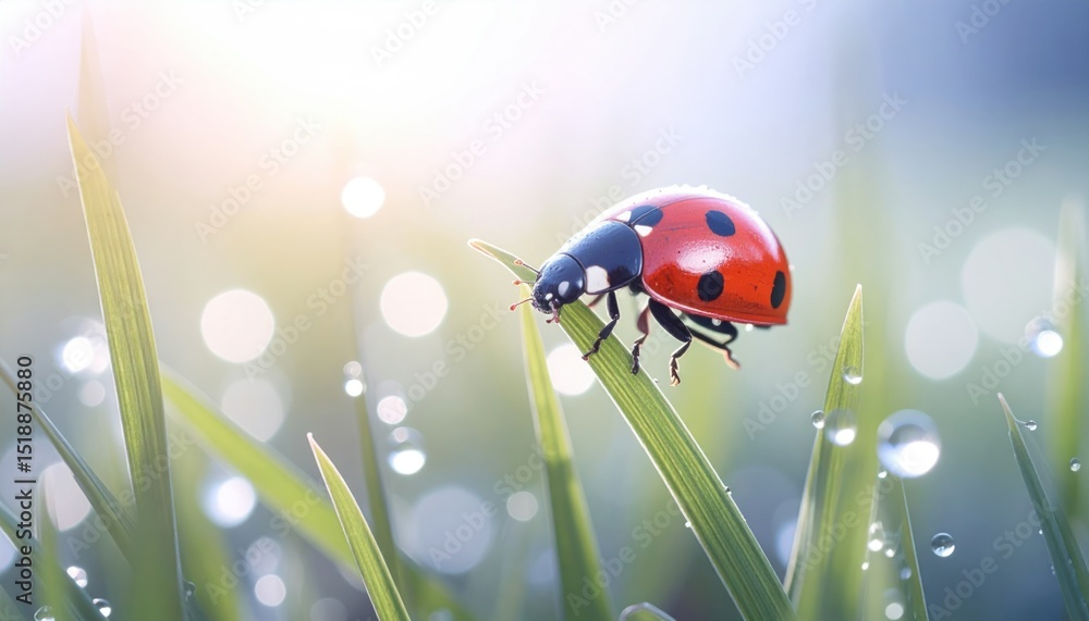 Macro Shot of a Ladybug Crawling on a Dewy Blade of Green Grass with Vibrant Red Spots in Bright Sunlight Macro Shot of a Ladybug Crawling on a Dewy Blade of Green Grass with Vibrant Red Spots in Bright Sunlight