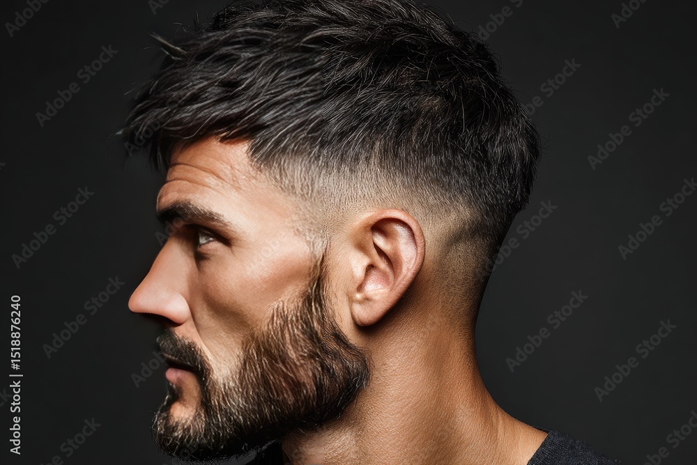 Fototapeta premium Close up profile view of a man with a stylish haircut and beard.