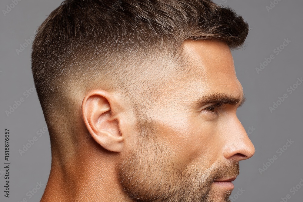 Obraz premium Close-up profile view of a man with a short haircut.