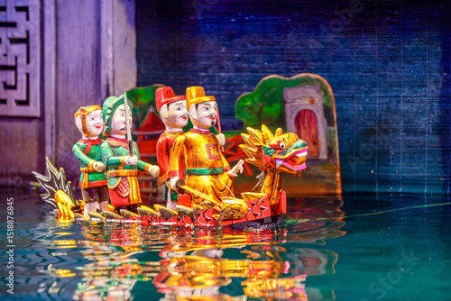 Traditional Vietnamese water puppet dolls theatre show in Hanoi, Vietnam, water puppetry doll show, in Thang Long theatre , one of the most traditional water puppet show in Hanoi, Vietnam.