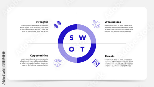 Four colorful elements with text inside placed around circle. Concept of SWOT-analysis template or strategic planning technique. Infographic design template. Vector illustration