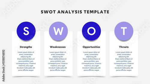 Four colorful elements with text inside placed around circle. Concept of SWOT-analysis template or strategic planning technique. Infographic design template. Vector illustration