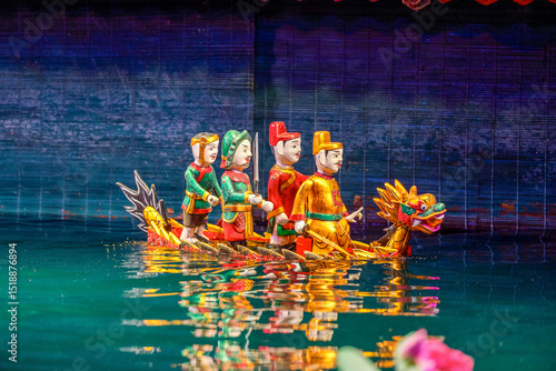Traditional Vietnamese water puppet dolls theatre show in Hanoi, Vietnam, water puppetry doll show, in Thang Long theatre , one of the most traditional water puppet show in Hanoi, Vietnam.