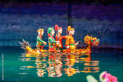 Traditional Vietnamese water puppet dolls theatre show in Hanoi, Vietnam, water puppetry doll show, in Thang Long theatre , one of the most traditional water puppet show in Hanoi, Vietnam.