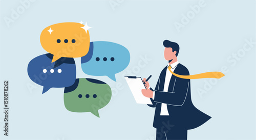 Actively Gathering Customer Feedback and Communication Insights Illustration.glowing speech bubbles, symbolizing customer surveys, feedback collection, communication, or idea generation.