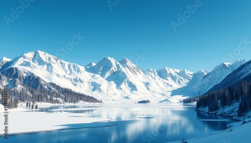 Wallpaper Mural Low poly winter scene, geometric mountains, snowy peaks, icy lake ,  digital art,  frozen Torontodigital.ca