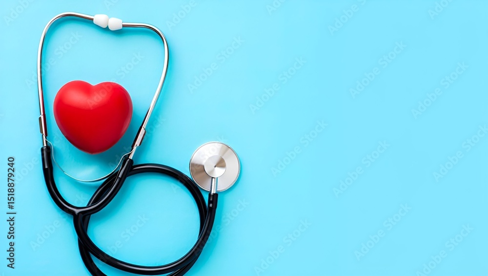 Stethoscope and red heart on blue background. Healthcare, cardiology, and medical concept. Copy space. Stethoscope and red heart on blue background. Healthcare, cardiology, and medical concept. Copy space.