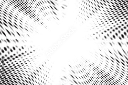 Halftone gradient sun rays pattern. Abstract halftone vector dots background. monochrome dots pattern. Vector background in comic book style with sunburst rays and halftone. Retro pop art design.