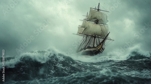 A majestic 19th-century sailing ship battling ocean waves in a storm