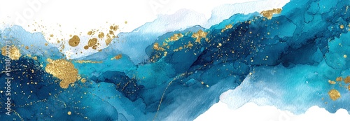 Modern watercolor background or elegant card design for birthday invite or wedding or menu with abstract blue ink waves and golden splashes on a white. High quality