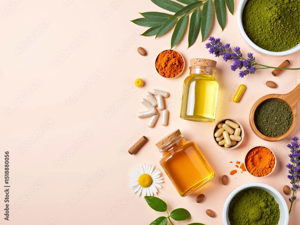 Herbal Supplements, Colorful Capsules, Essential Oils, Healing Flowers, and Natural Powders Like Turmeric and Spirulina Arranged with Fresh Botanicals on a Clean Pastel Background Herbal Supplements, Colorful Capsules, Essential Oils, Healing Flowers, and Natural Powders Like Turmeric and Spirulina Arranged with Fresh Botanicals on a Clean Pastel Background