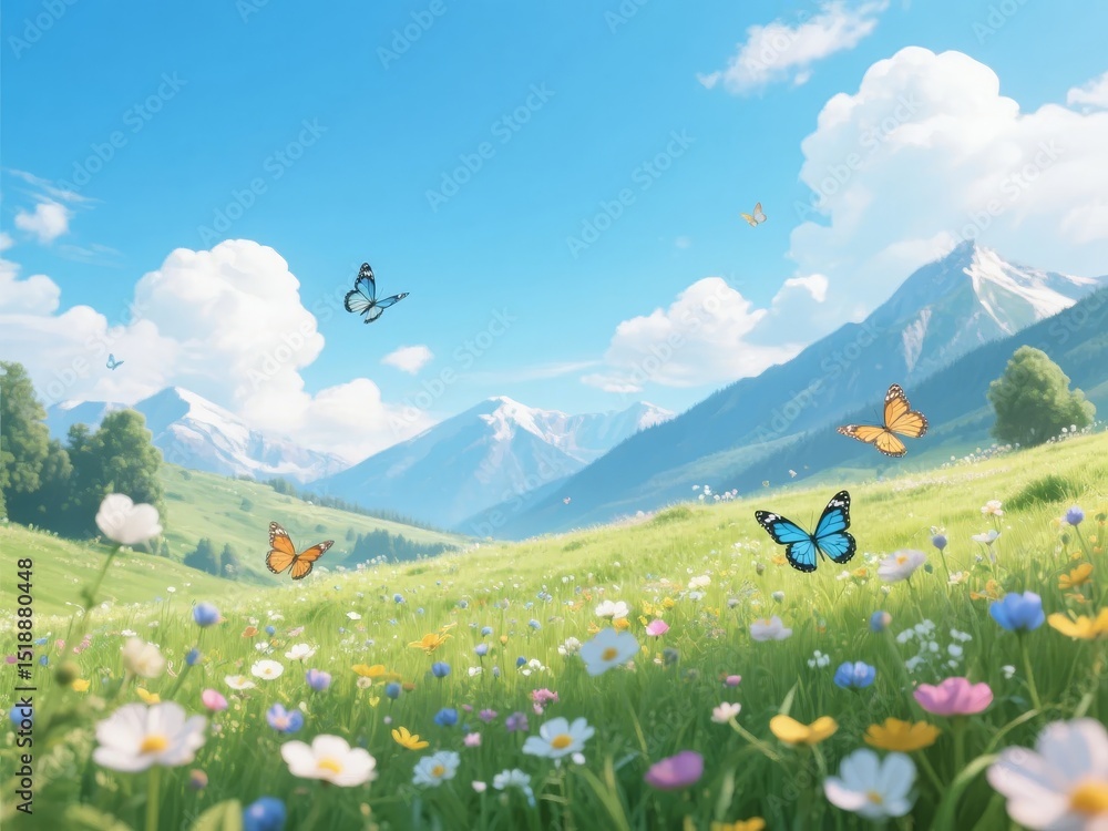 Fototapeta premium Butterflies flutter over a vibrant meadow filled with wildflowers under a clear blue sky with distant mountains.