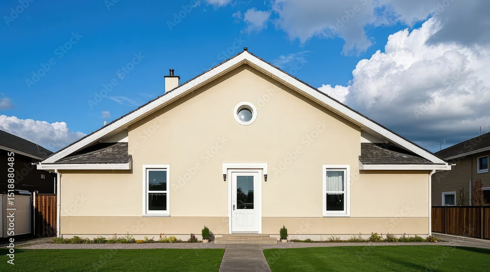 Modern Single-Story Beige House with Symmetrical Design and Circular Window, White Trim, and Manicured Lawn under Blue Sky with Clouds Modern Single-Story Beige House with Symmetrical Design and Circular Window, White Trim, and Manicured Lawn under Blue Sky with Clouds