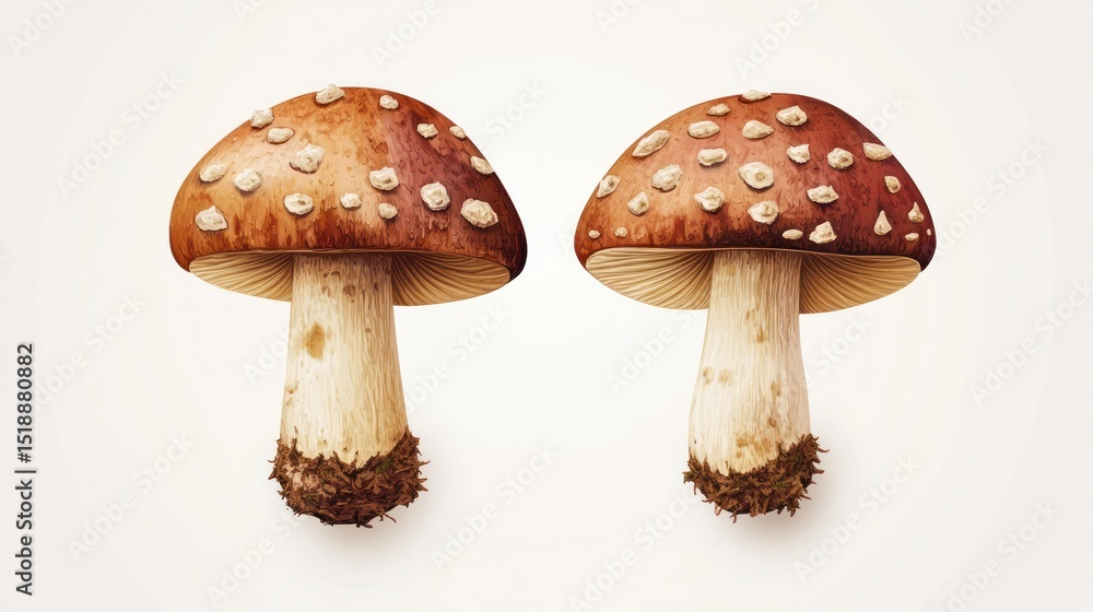 Obraz premium Pair of Amanita Muscaria Mushrooms: A Detailed Watercolor Illustration