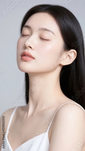 A serene individual with closed eyes, wearing a white top against a neutral background.