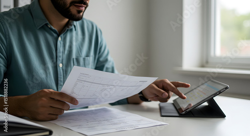 Businessman Reviewing Financial Data While Using Digital Tablet in Modern Office Environment