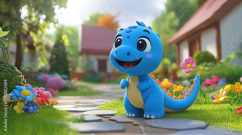 Cute cartoon dinosaur in a whimsical garden setting